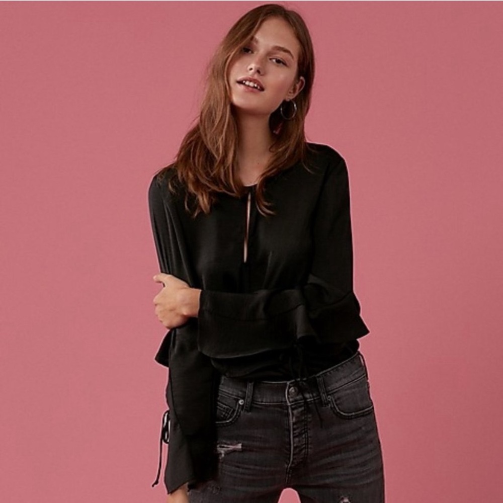 Express Black Satin Ruffle Sleeve Bodysuit